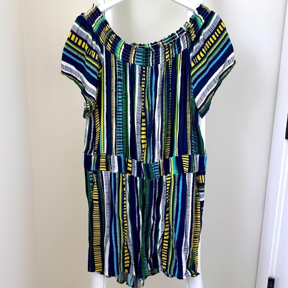 LOFT Beach Mixed Stripe Off The Shoulder Romper SZ Large - Picture 1 of 12